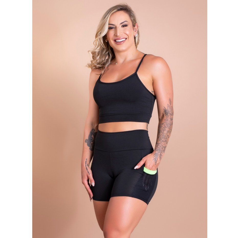 Conjunto Fitness Feminino Short Cintura Alta Bolso Tela E Top Cropped Alcinha Liso Academia Treino DRB Modas