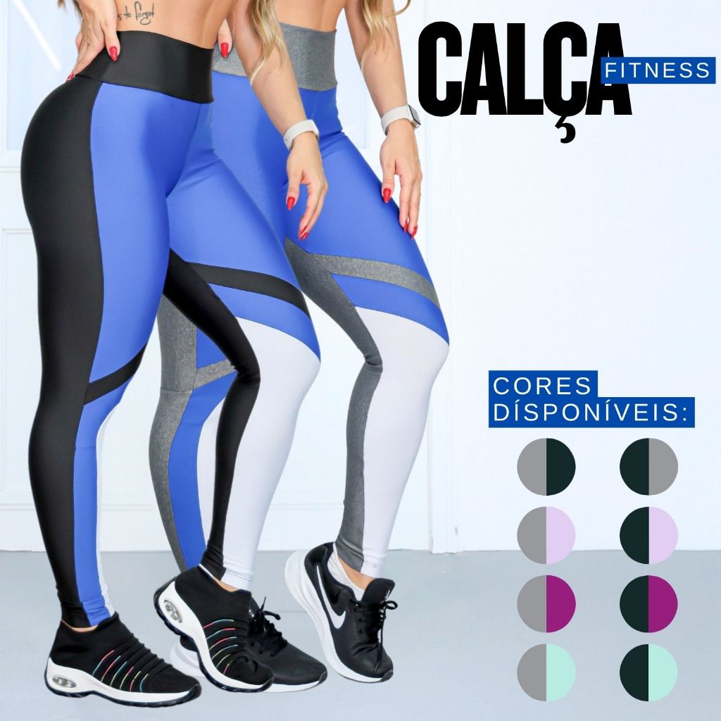 Calça Legging Academia Feminina Cós Alto Duplo Recortes Coloridos Suplex Confortável Estil...