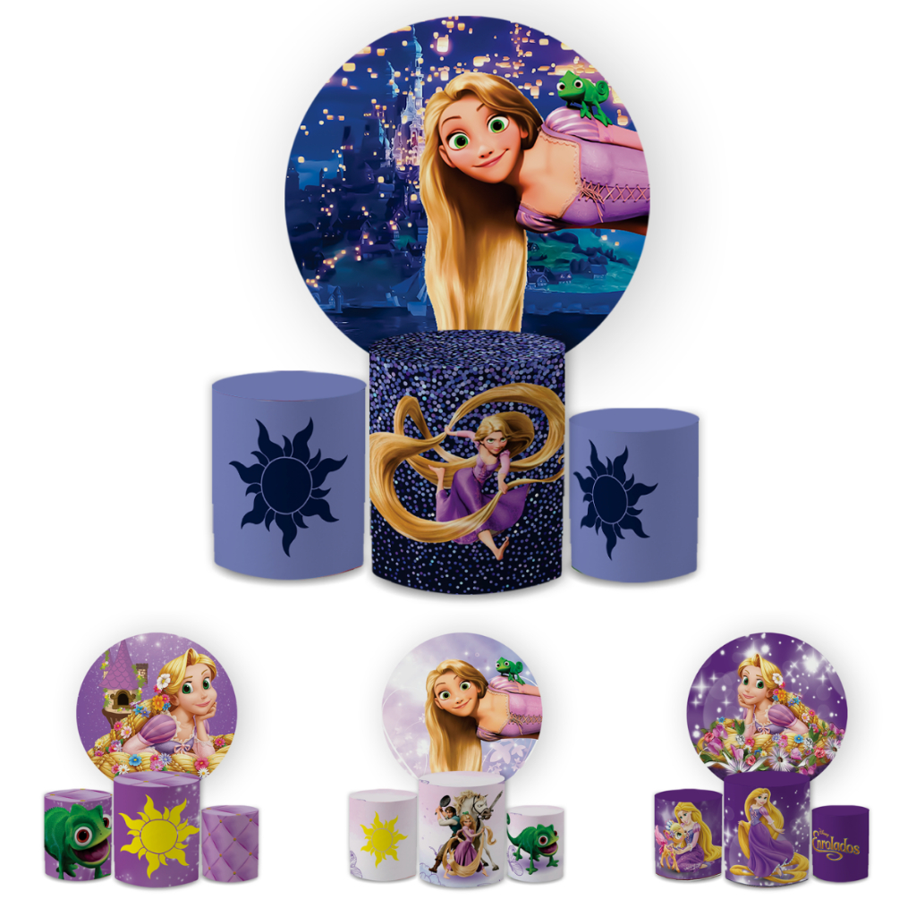 Capa Painei de Festa Veste Fácil Redondo+ Cilindro Sublimado Malha New Tema Enrolads Rapnzel Decorativo Bibi Paineis em Oferta na Shopee