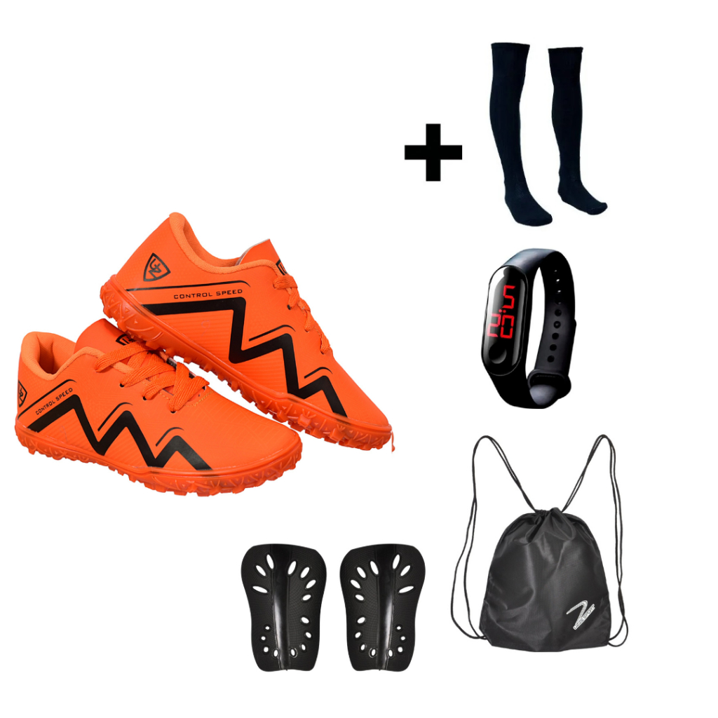 Chuteira Society Sintética 1000 Infantil + Meião + Relógio + Caneleira + Mochila em Oferta na Shopee