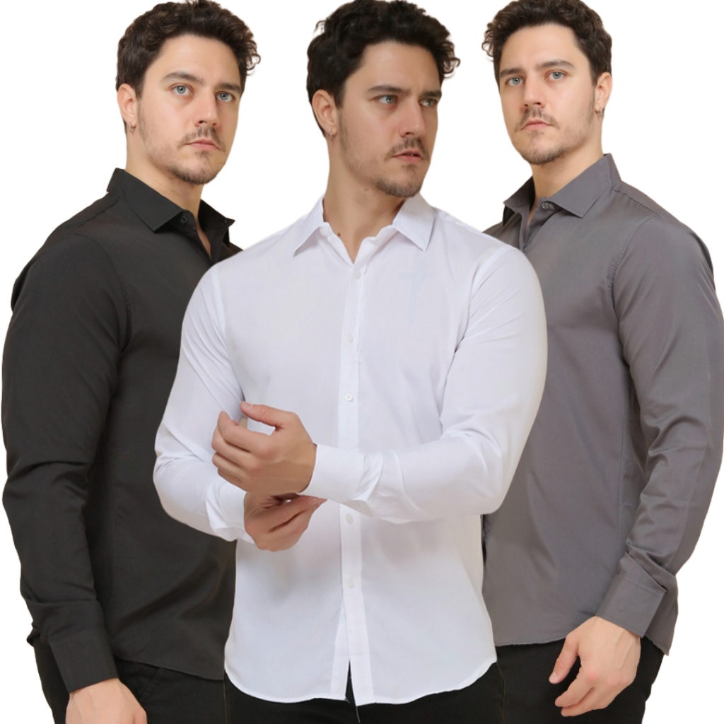 Kit 3 Camisa Social Masculina Manga Longa Forma Tradicional em Oferta na Shopee