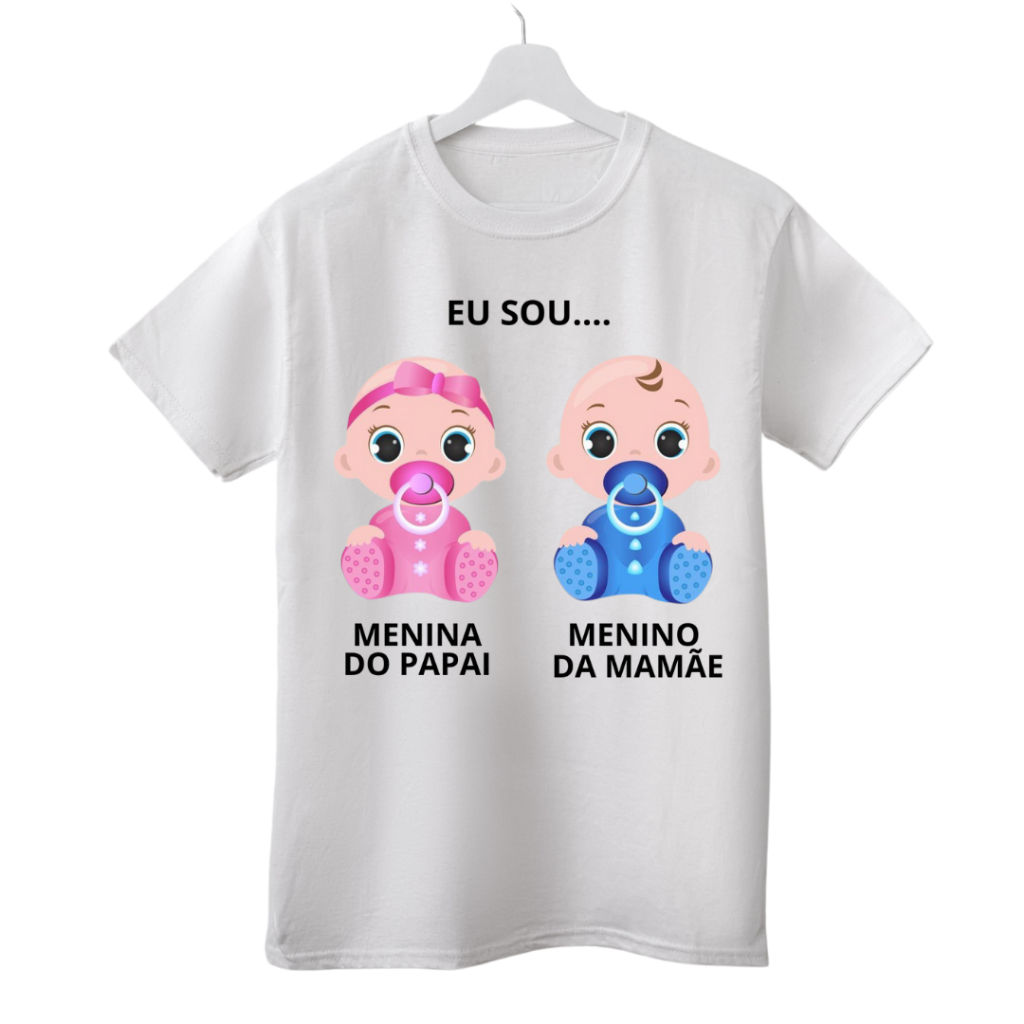 Camiseta Chá Revelação Boy ou Girl Branca Gola Redonda Blusa Manga Curta 100% Algodão Camisa Chá de Bebê