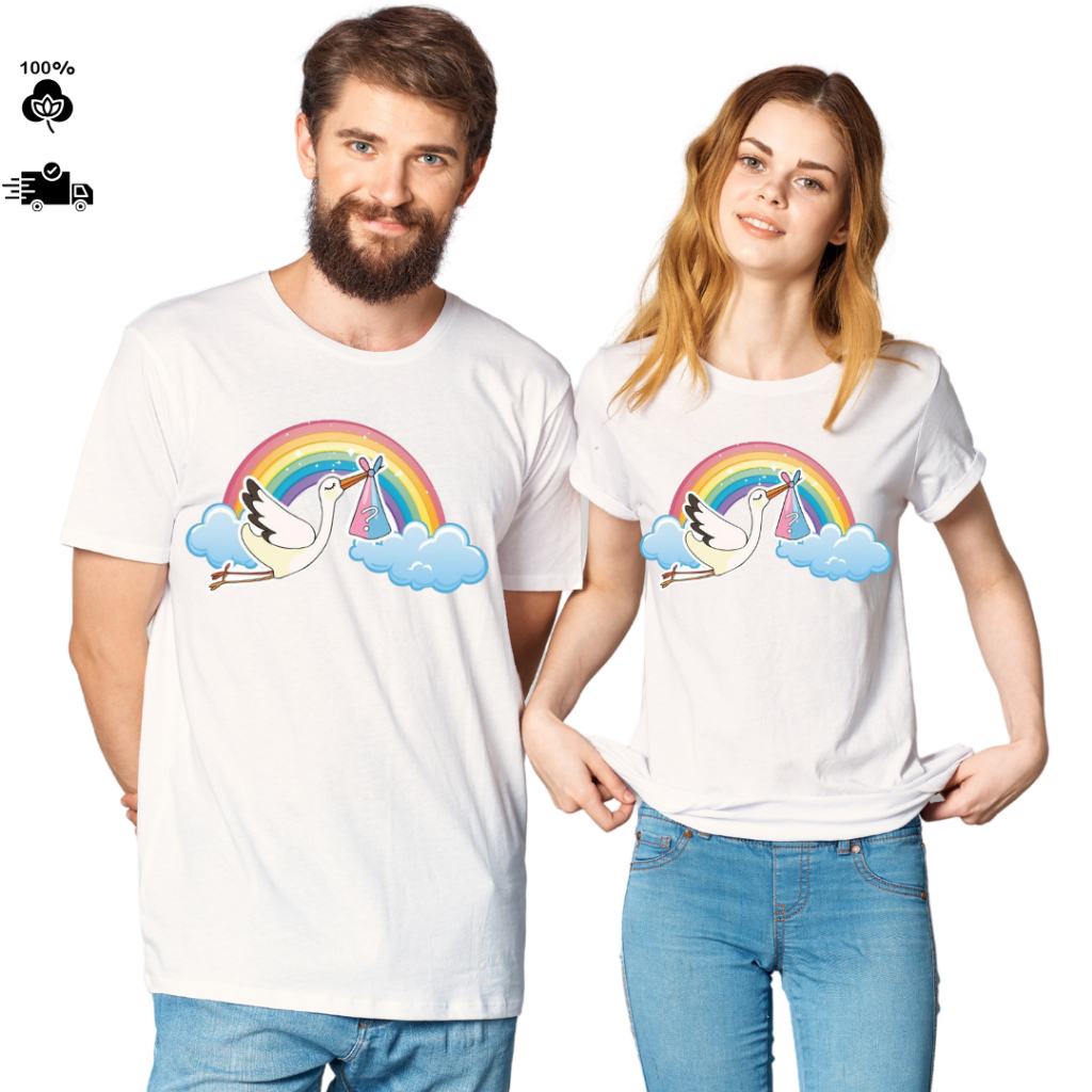 Camiseta Chá Revelção Bebê Arco Irís Camisa 100% Algodão Branca Gola Redonda Masculina Feminina