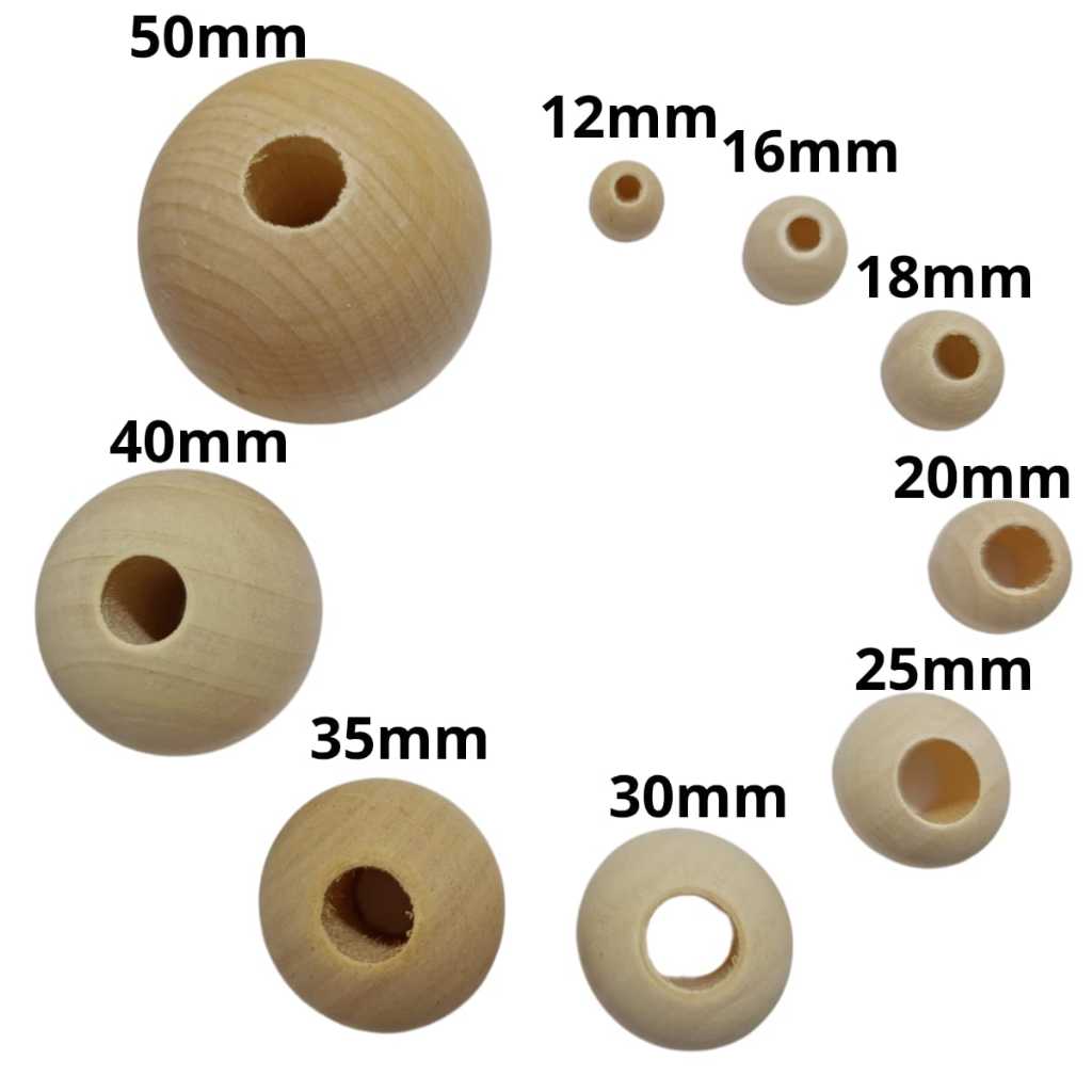Bola Contas miçanga madeira 12/16/18/20/25/30/35/40/50mm CRU com furo GRANDE em Oferta na Shopee