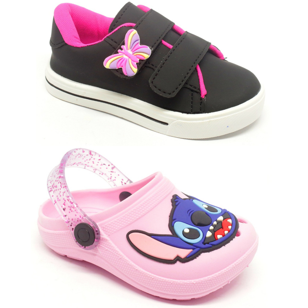 Kit 1 tênis infantil menina mais sandália babuche feminino leve e confortável voltas aulas