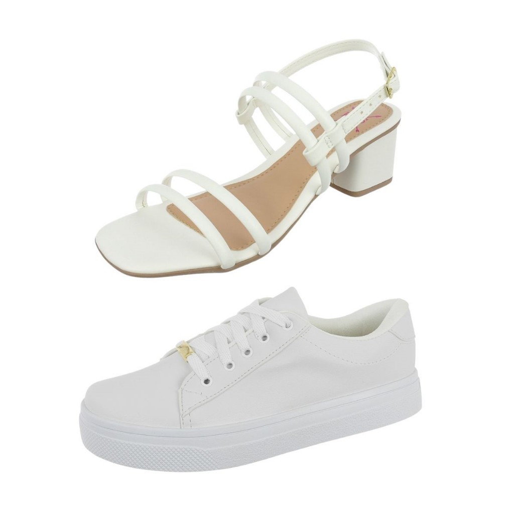 Kit Tênis Feminino Casual Confortável Básico Leve + Sandália Salto Delicada Tiras Duplas Calcelove
