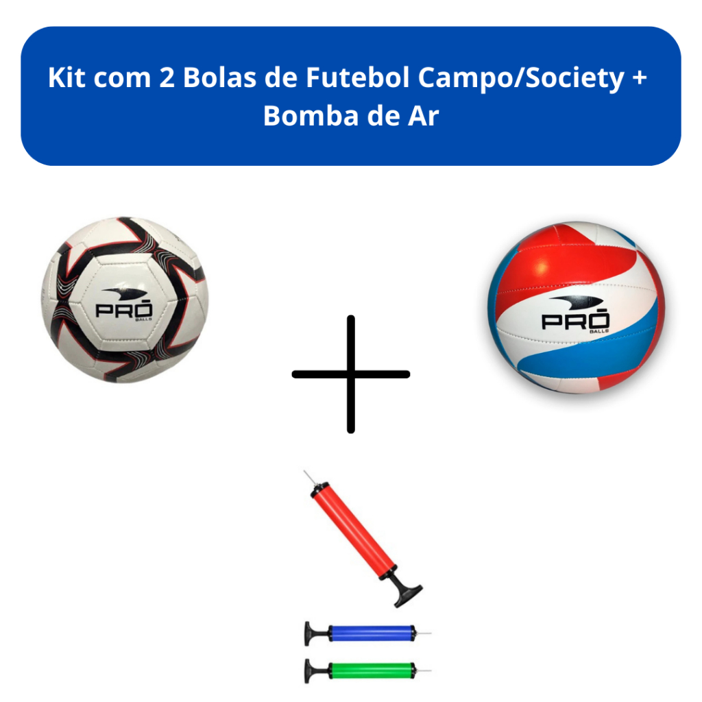 Kit Bola de Futebol Campo Nº5 + Bola de Vôlei Oficial Tam. Padrão + Bomba de Ar Manual Para Bolas