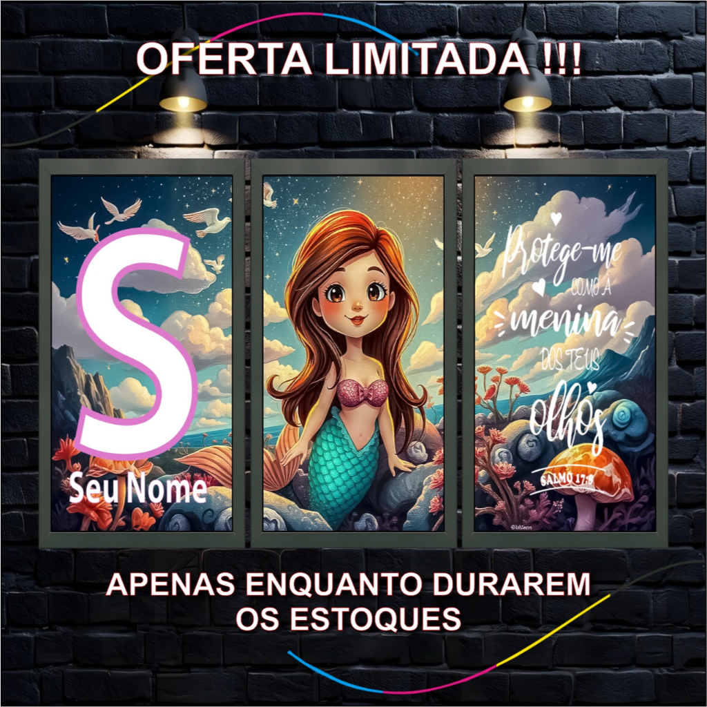 Quadro Decorativo Infantil Sereia, Triplo, Personalizado com Letra Inicial, para Quarto de Menina