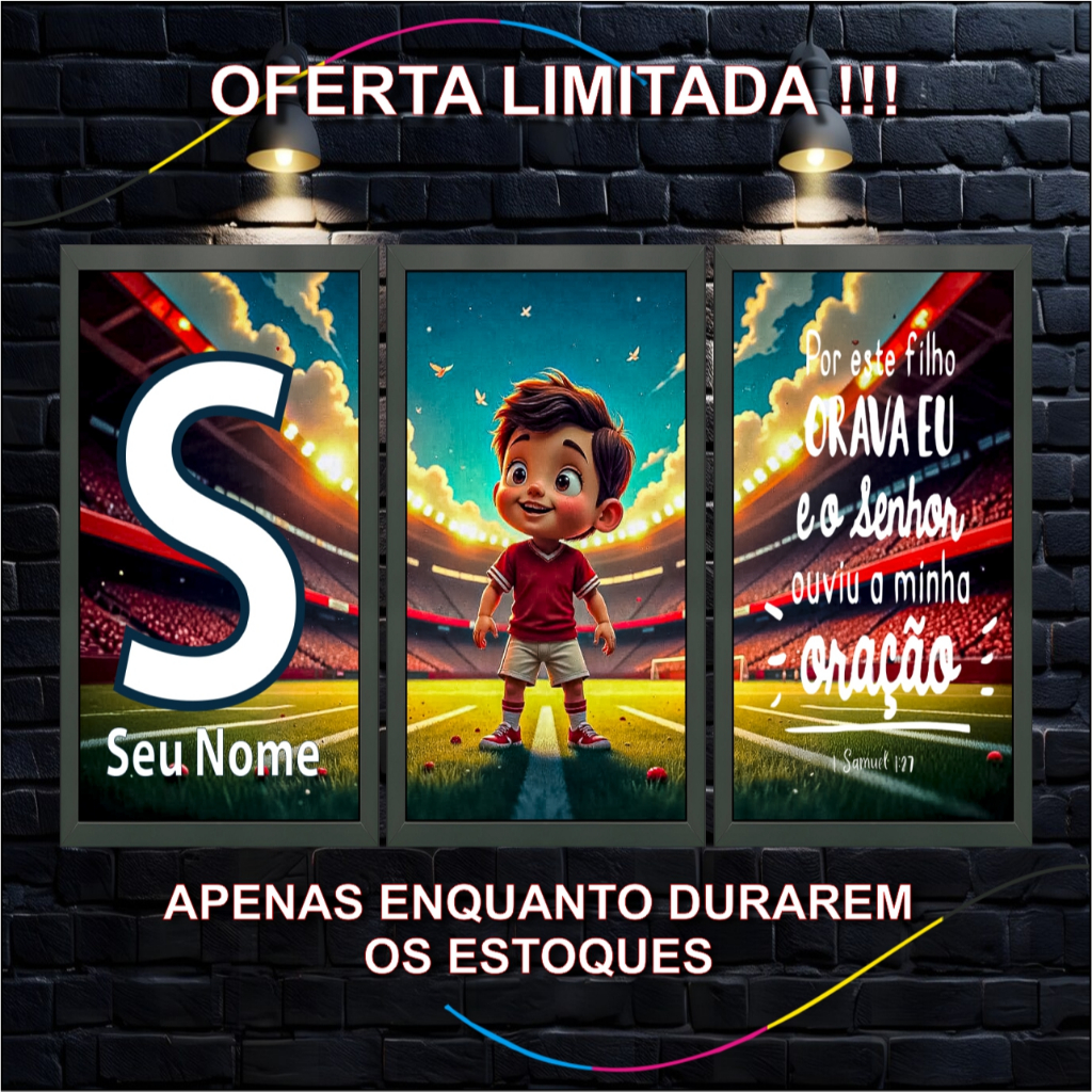 Quadro Decorativo Infantil Futebol Menino, 3 Peças, Placa Personalizada para Quarto, Presente