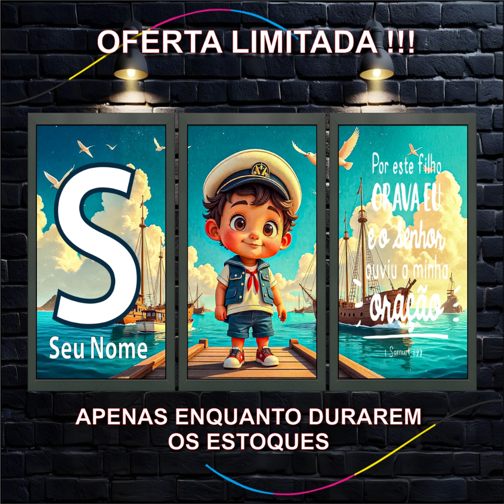 Quadro Decorativo Infantil Marinheiro Personalizado, 3 Peças, Tema Náutico, Arte para Quarto menino