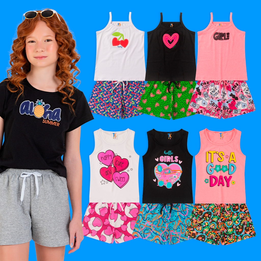 Kit 6 Peças (3 blusas + 3 shorts) Infantil Menina Estampado Dia a Dia Promoção