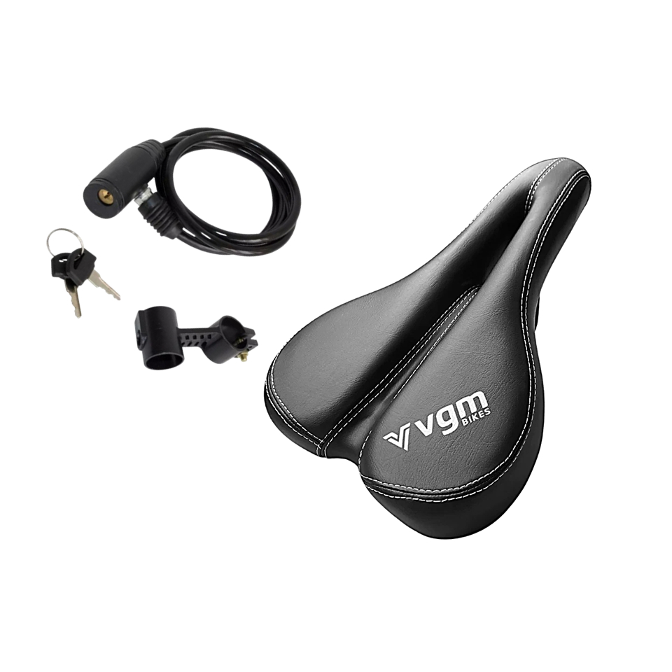 Kit Banco Selim VGM Vazado Bike Mtb Macio Confortável Com Carrinho Detalhes Costurado e Cadeado