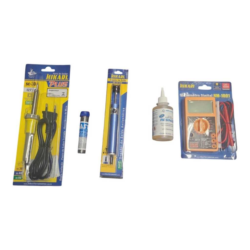 Kit Ferro de Solda + Tubinho de Estanho+Sugador de Solda +Fluxo de solda Resinoso+Multímetro Digital