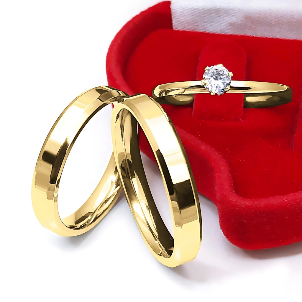 Aliança Casamento Par Solitário Noivado  Caixa de Veludo Compromisso Chanfrada Aço Inox Ouro Dourada em Oferta na Shopee
