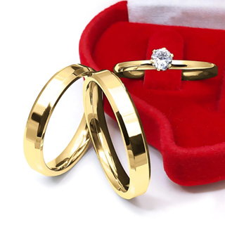 Aliança Casamento Par Solitário Noivado  Caixa de Veludo Compromisso Chanfrada Aço Inox Ouro Dourada em Oferta na Shopee