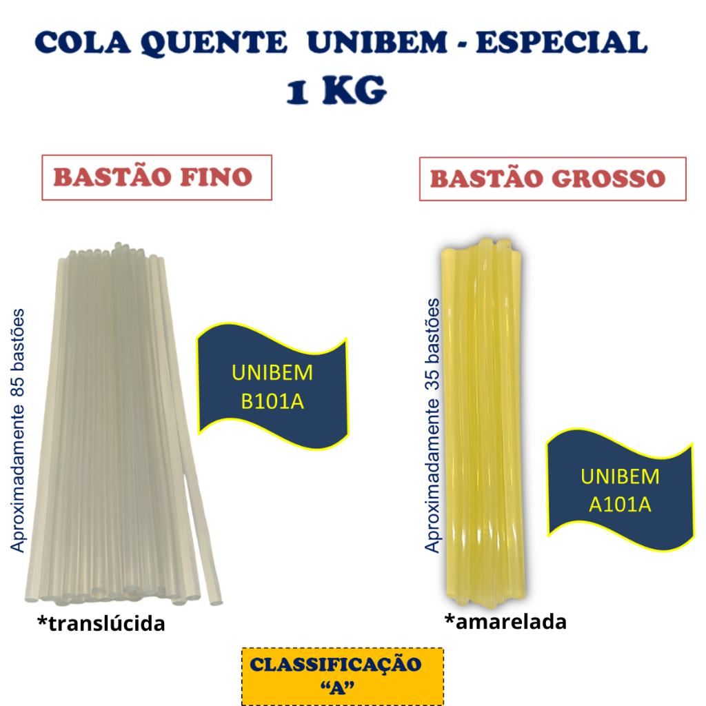 COLA QUENTE UNIBEM ESPECIAL - CLASSIFICAÇÃO A - BASTÃO FINO B101A  E  BASTÃO GROSSO A101A- PCT 1KG