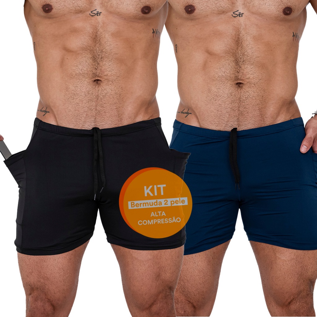 Kit 2 Shorts De Compressão Masculino Bermuda com Bolso Celular Academia Fitness Musculação
