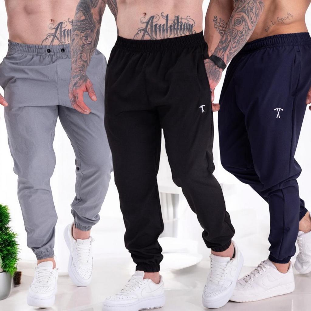 Kit 3 Calça Jogger P ao G4 Tactel com Elastano para Treino/Academia Esportiva Masculina Or...