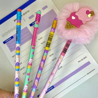 Kit Lápis Docinhos e Sorvetes com Pompom Grafite em Oferta na Shopee