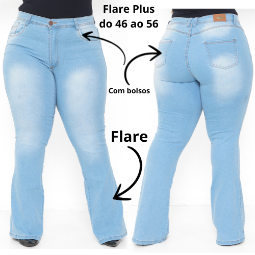 Calça Flare Jeans Feminina Plus Size Clara cintura alta boca larga lycra/elastano