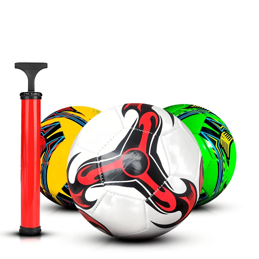Kit Bola de Futebol + Bomba de Ar Manual Portátil Para Encher Bola Tamanho Oficial Couro Sintético Campo Costurada