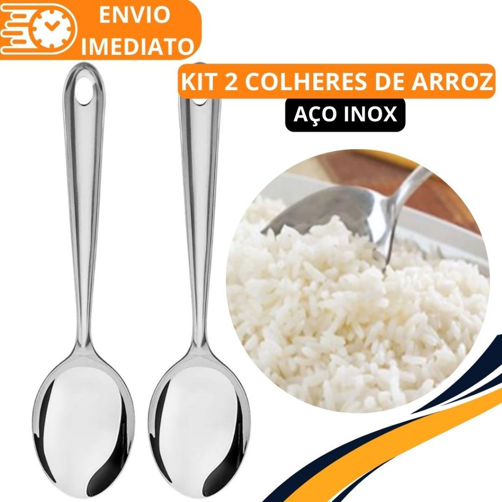 KIT 2 Colher de Arroz GRANDE Cabo longo 100 % Aço Inox Brilhante Super Resistente para Casa Restaurante Buffet