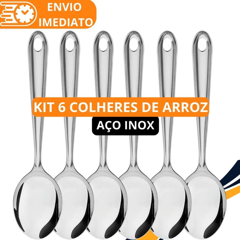 KIT 1/6 Unid Colher de Arroz GRANDE Cabo longo 100 % Aço Inox Brilhante Super Resistente para Casa Restaurante Buffet