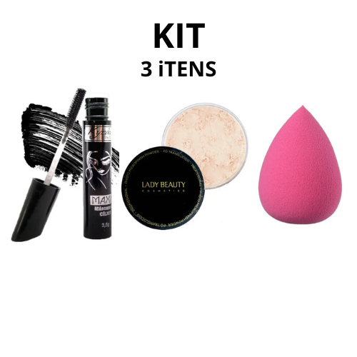Kit Maquiagem 3 Itens Pó Translucido Lady Beauty, Máscara de Cílios Kyrav Extremo Volume, e Esponja gota em Oferta na Shopee