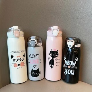 Garrafa Térmica Fofa Gatinho Canudo de Silicone Escolar Café Água Suco Infantil Quente e Frio 5O0ML