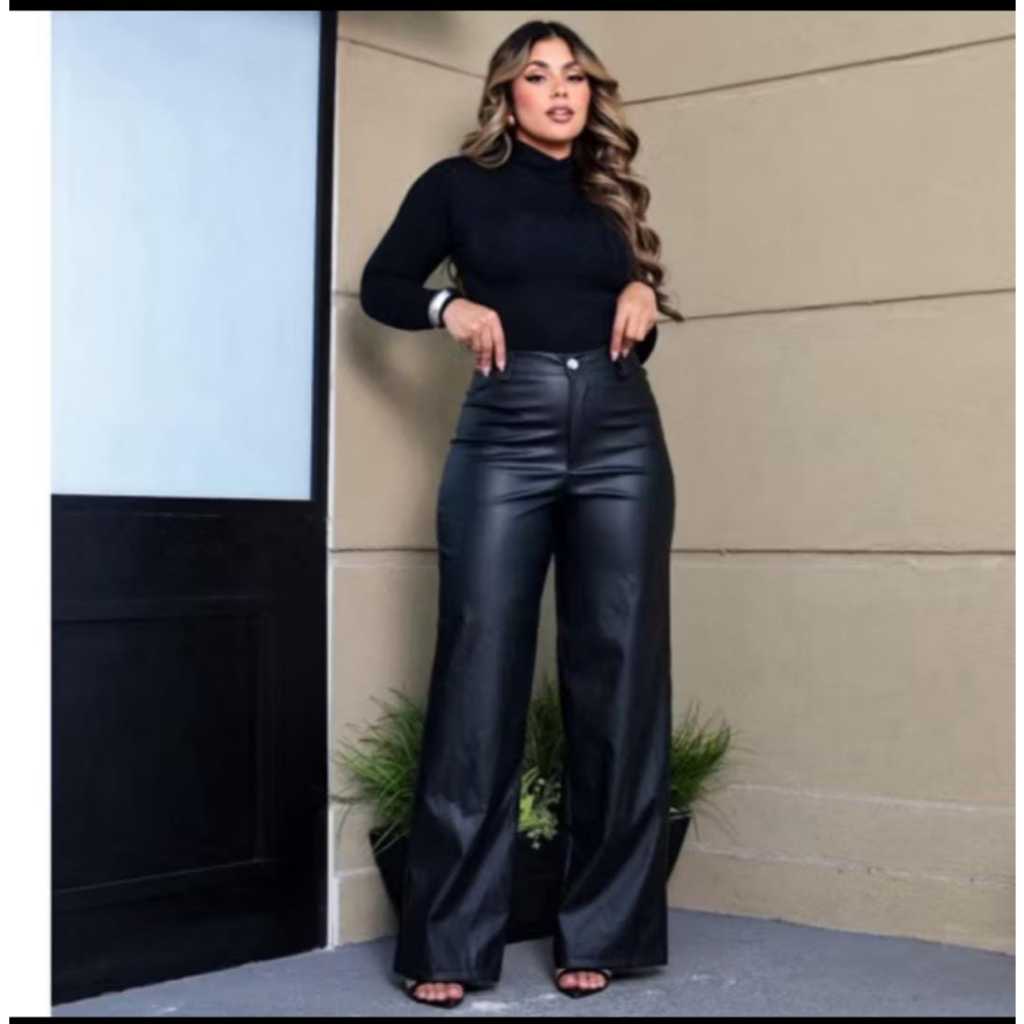 Calça Pantalona Feminina Couro Fake  Cintura Alta | Moda Blogueira Estilo Retro fashion Moda Blogueira