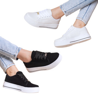 Kit Tênis Feminino Casual Confortável Leve Básico Branco Fio Preto Calcelove