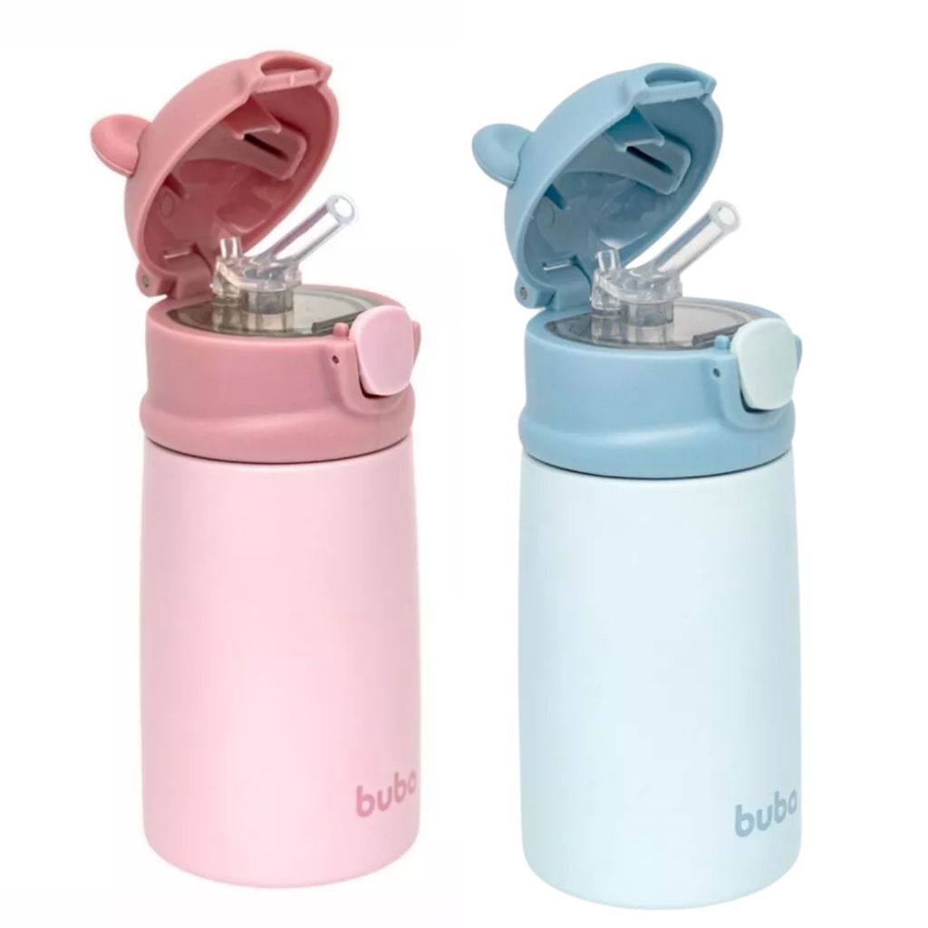 Garrafa Térmica Infantil Ursinho 320ml em Inox Canudo Temperatura 5h, Antiderrapante BUBA - Mom & Baby