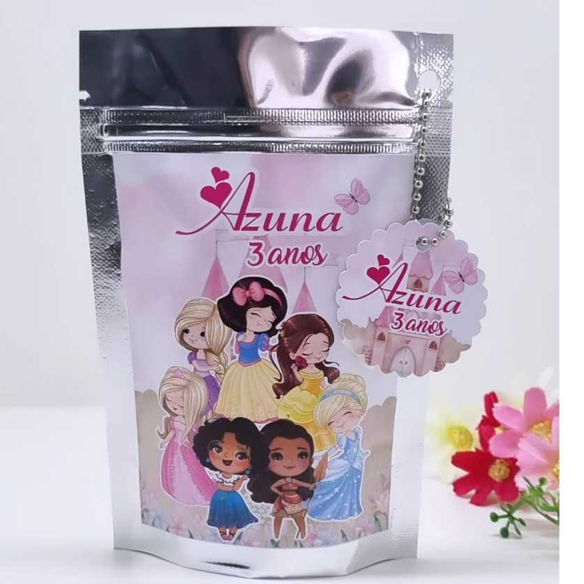 Saquinho Metalizado ZipLock - Lembrancinha Personalizada Princesas Disney - Caixinhas Personalizadas