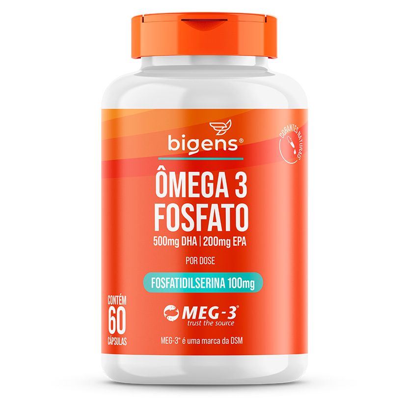 Ômega 3 Fosfato: 100mg de Fosfatidilserina + 500mg DHA + 200mg EPA | Meg-3® - 60 Cáps | Bigens