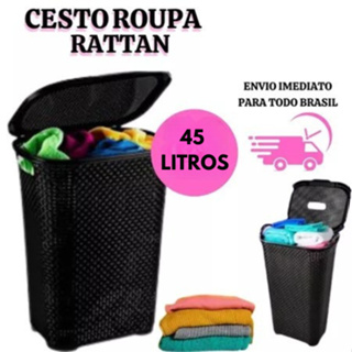 Cesto Rattan 45L Com Tampa Basculada Preto Resistente em Oferta na Shopee