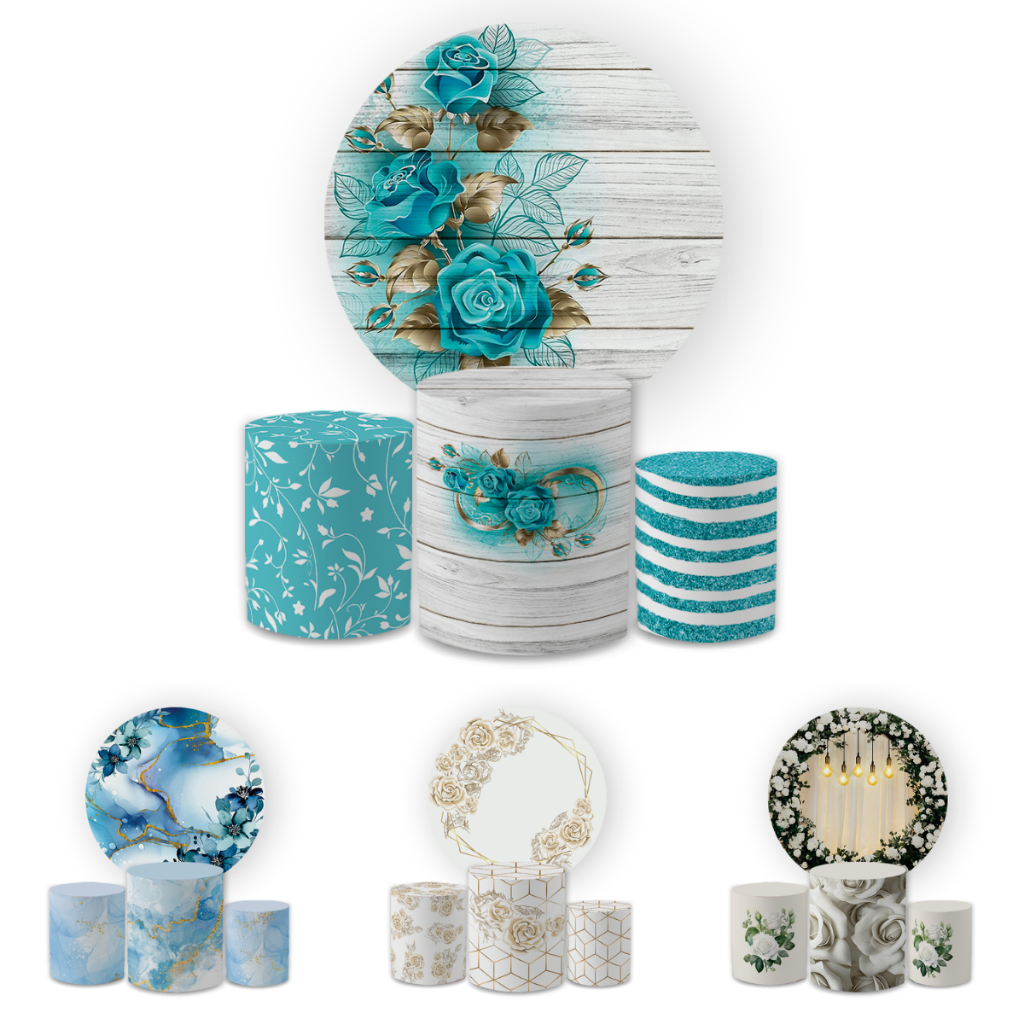 Capa Painei de Festa Redondo+ Cilindro Sublimado Malha New Tema Floral Flores Colors Bibi Paineis