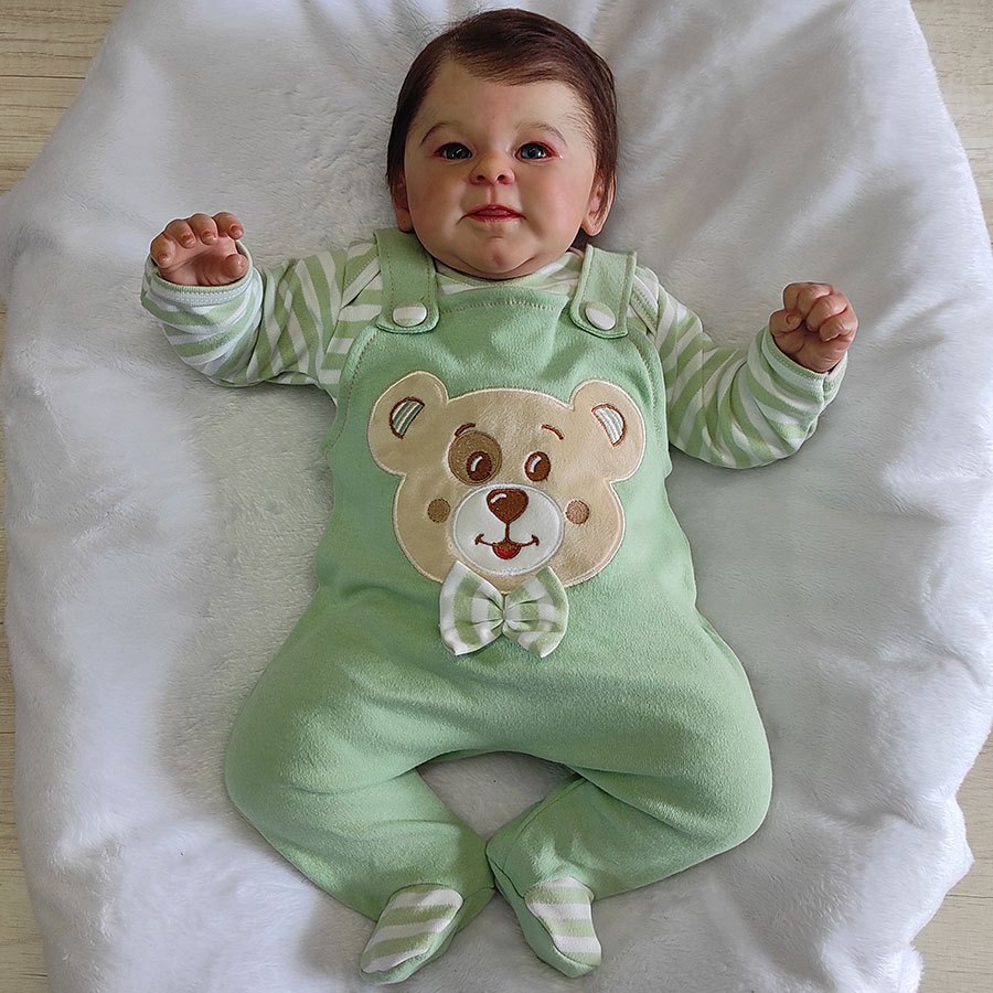 Roupa Macacão Jardineira Bebê Menino com Body Manga Longa Kids Urso Davi Verde Malha 100% Algodão