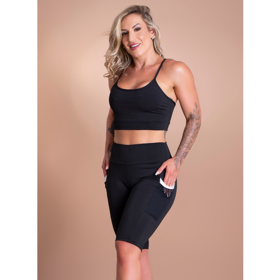 Conjunto Fitness Feminino Bermuda Ciclista Cintura Alta Bolso Tela E Top Cropped Alcinha Liso Academia Treino DRB Modas