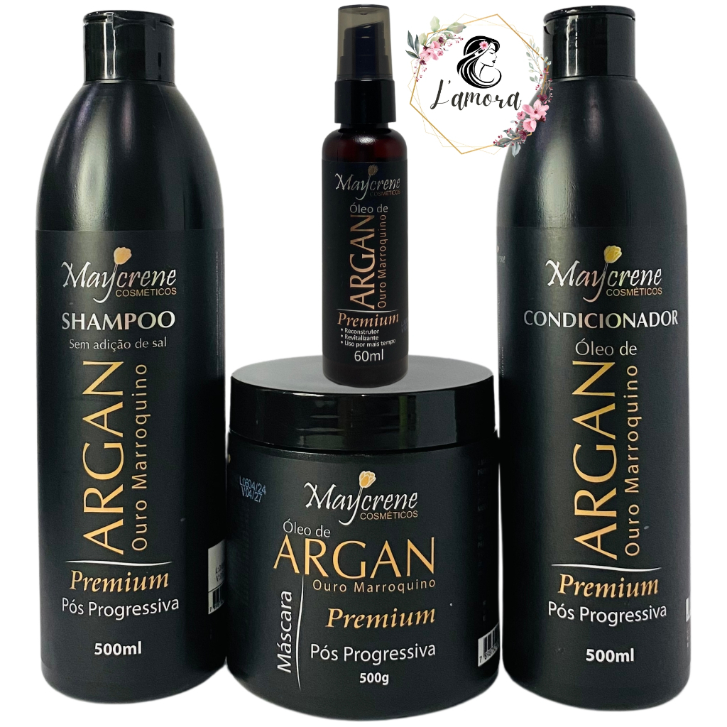 Kit completo Maycrene Argan Premium contendo shampoo de 500ml, condicionador de 500ml, máscara de 500g e um óleo de argan de 60ml, todos em embalagens pretas com detalhes dourados.
