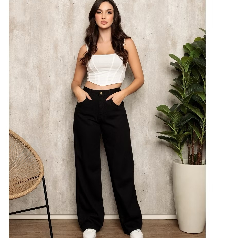 Calça Jeans Feminina Wide Leg Cintura Alta Tecido Grosso Pantalona Linha Premium JS02