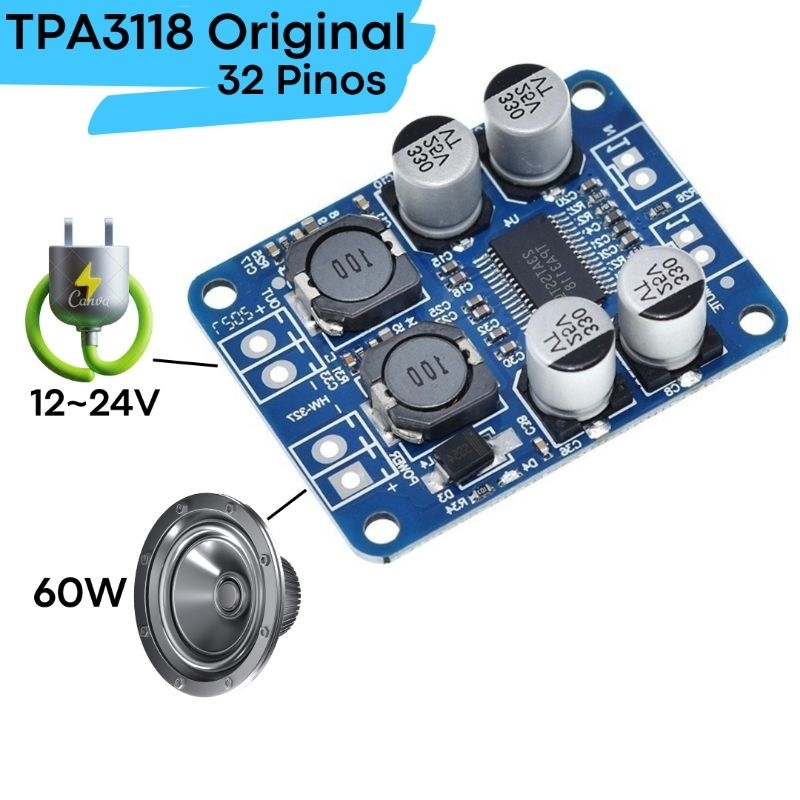 Módulo Amplificador 60W TPA3118 Potência De Áudio 12~24V