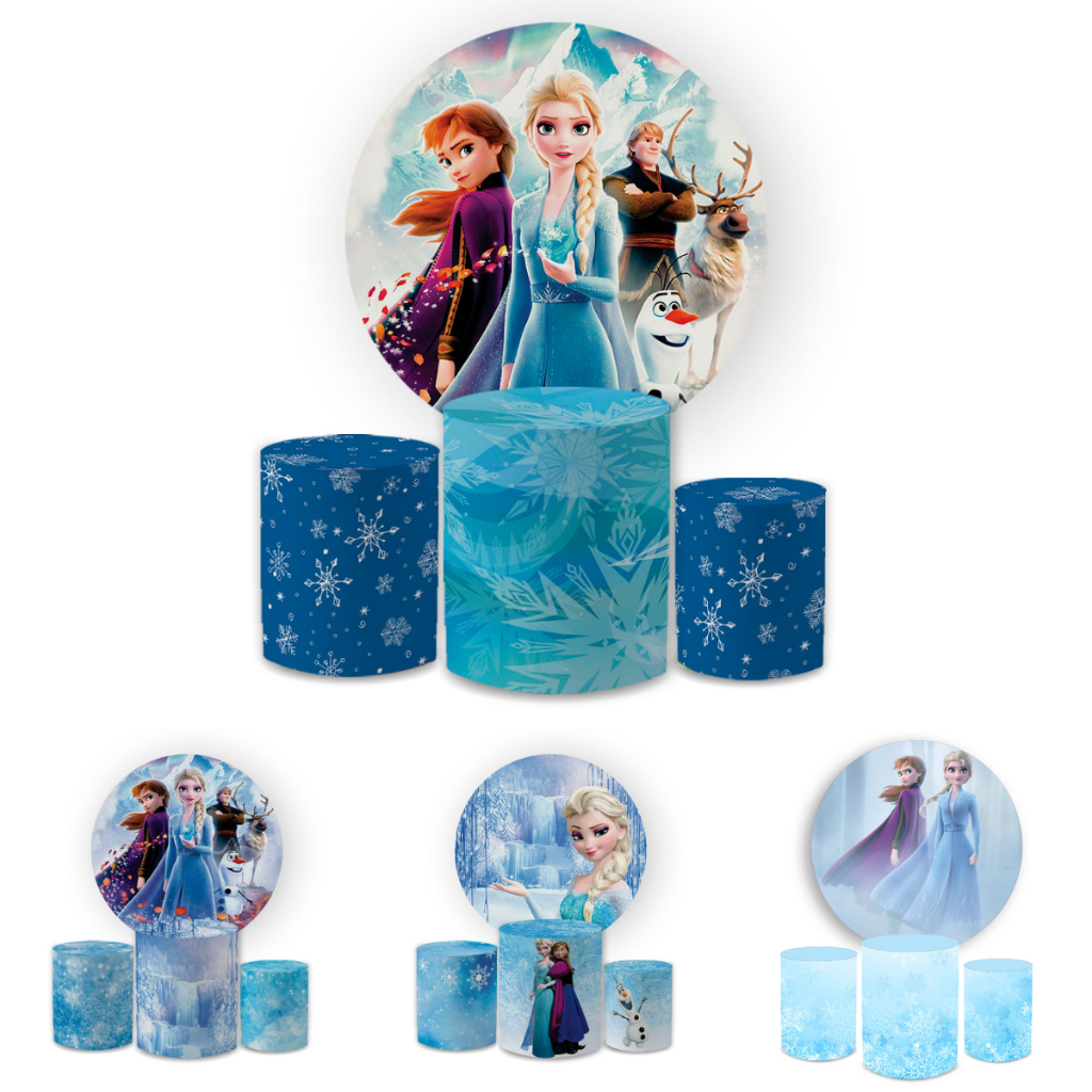 Capa Paineis de Festa Veste Fácil Redondo + Cilindros Sublimados Malha New Tema Frozn Elsa Menina Decorativo Bibi