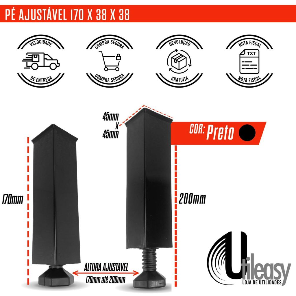 KIT COM 4/6/10/20 PEÇAS PÉ DE COZINHA 17CM A 20CM REGULAVEL PRETO PARA GABINETES ARMARIOS MOVEIS