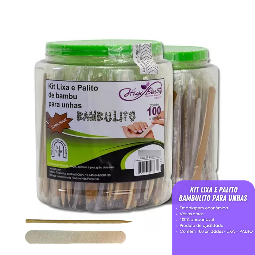 Kit Lixa E Palito De Bambu Para Unha - 100 Unidades