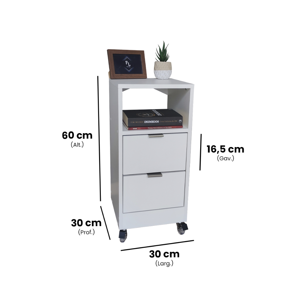 Detalhes do Mesa de Cabeceira Branca 2 Gavetas 30cm MDF com Rodinhas Vai Montada FL Decor