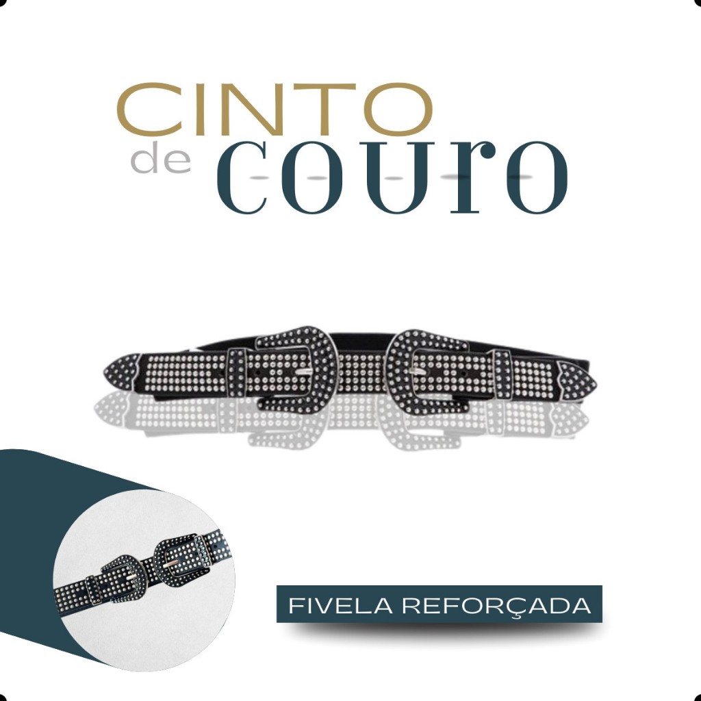 Cinto Feminino Fino Elástico Com 2 Fivelas Preto Detalhado Tachas Tachinhas Prateadas