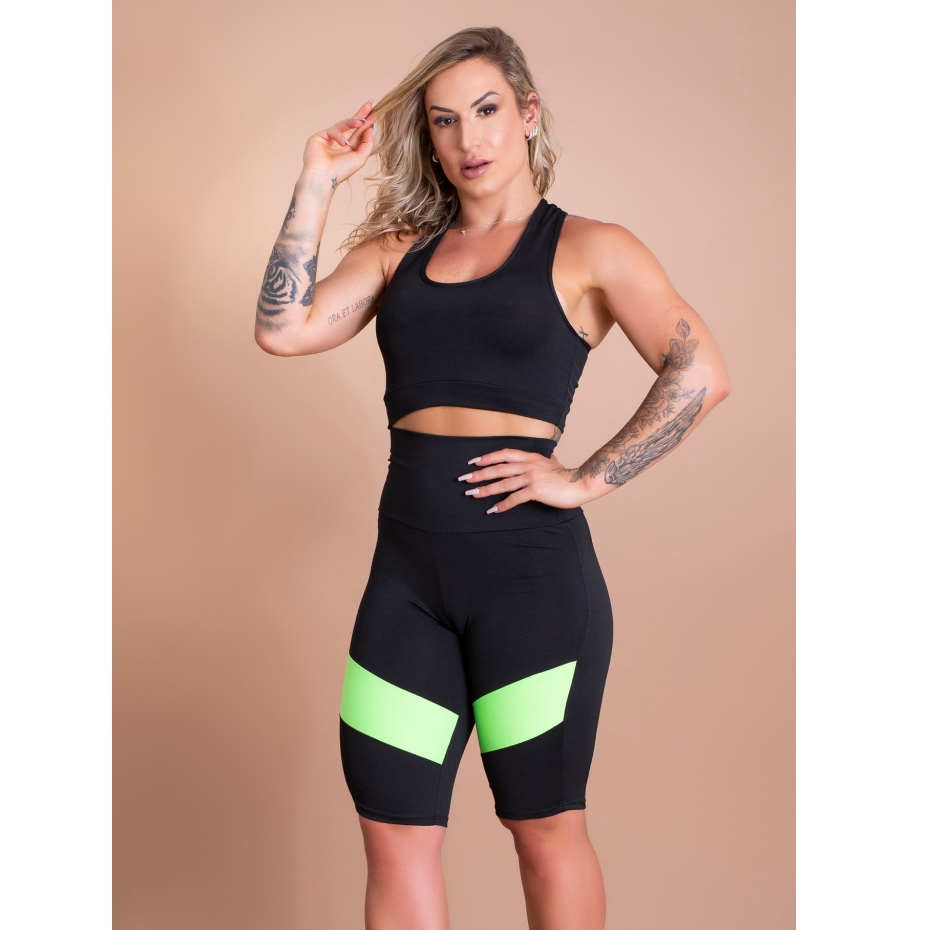 Conjunto Fitness Feminino Bermuda Cintura Alta Ciclista Recorte Perna E Top Nadador Liso Básico Academia DRB Modas