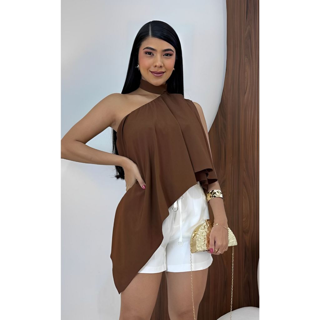Blusinha cropped faixa assimetrica amarracao no pescoco em Oferta na Shopee