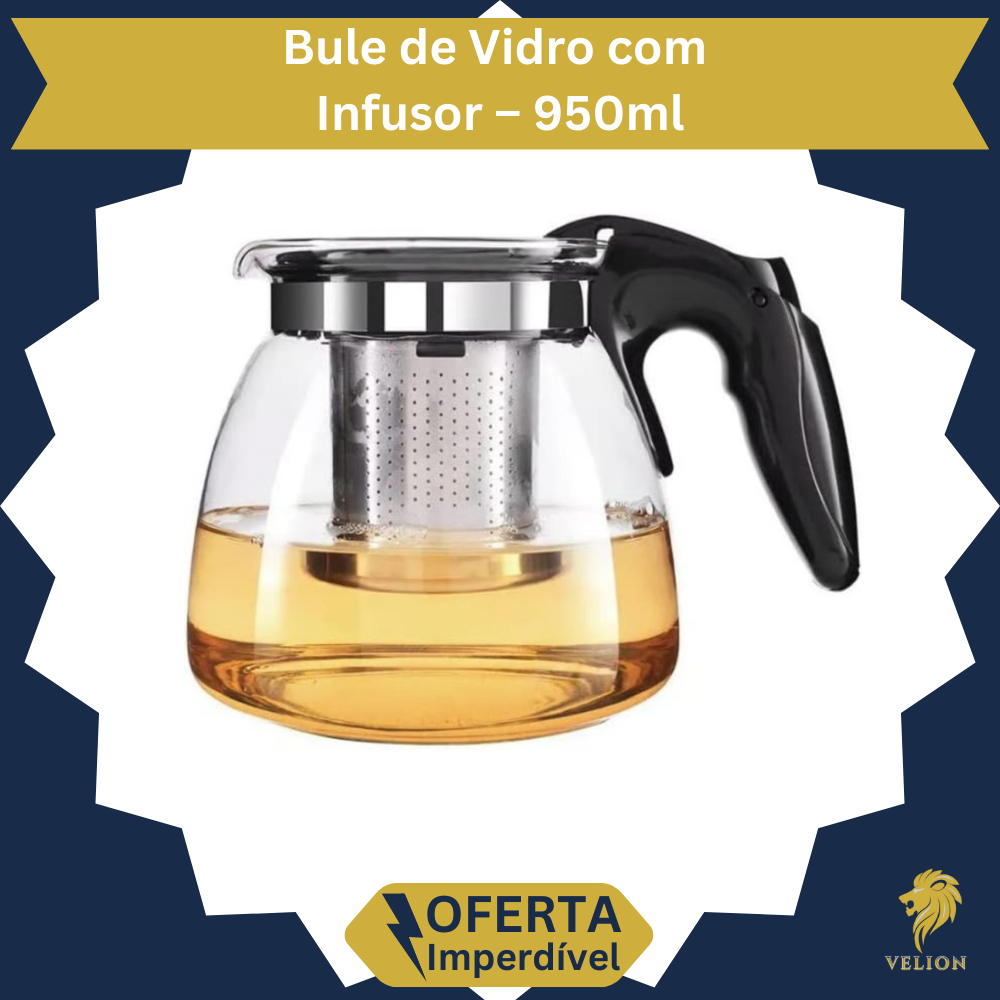 Chaleira 950ml Bule de Vidro com Infusor Aça Inox Para Chá e Cafe Venice Premium