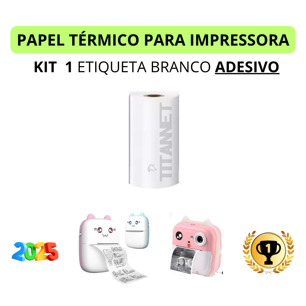 Kit Etiqueta Bobina Adesiva Para Mini Impressoras Gatinho - 1, 3, 5 e 10 rolos